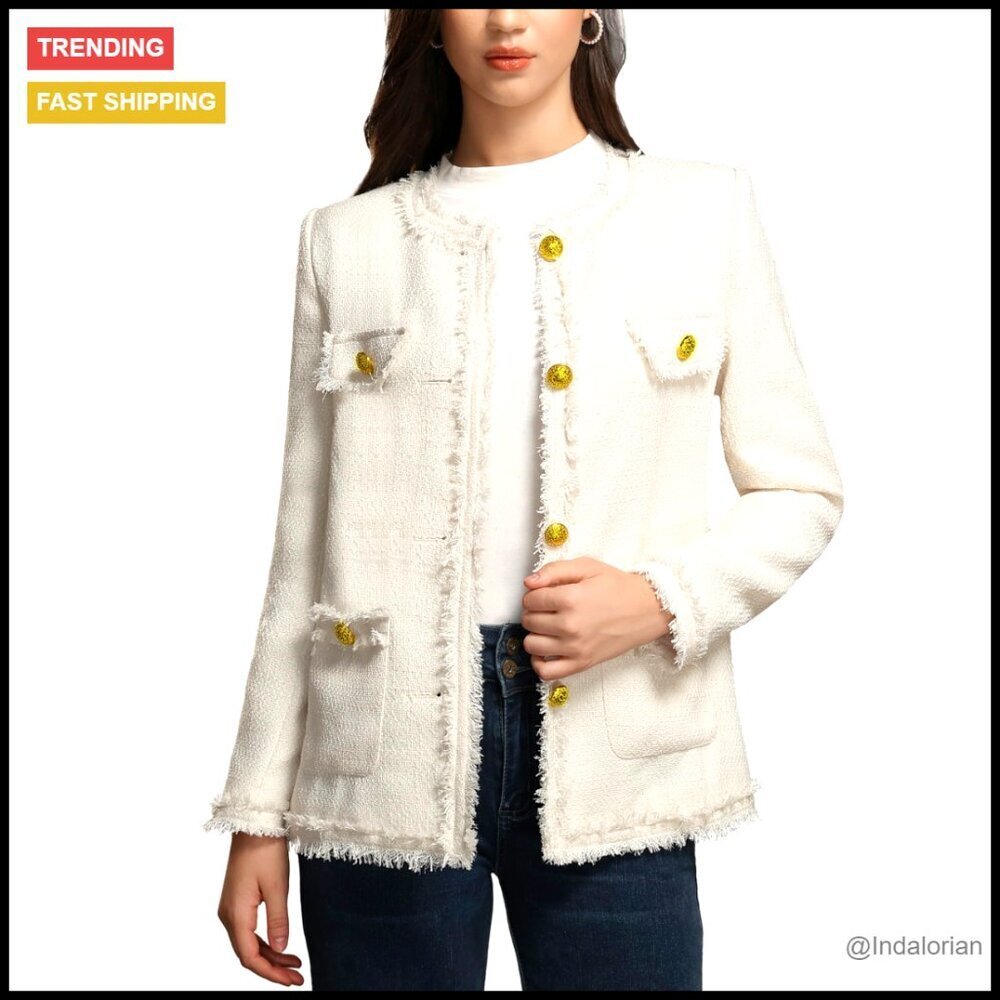 Tweed Blazer Jacket Elegant Classic Chic Open Front Collarless Business Casual